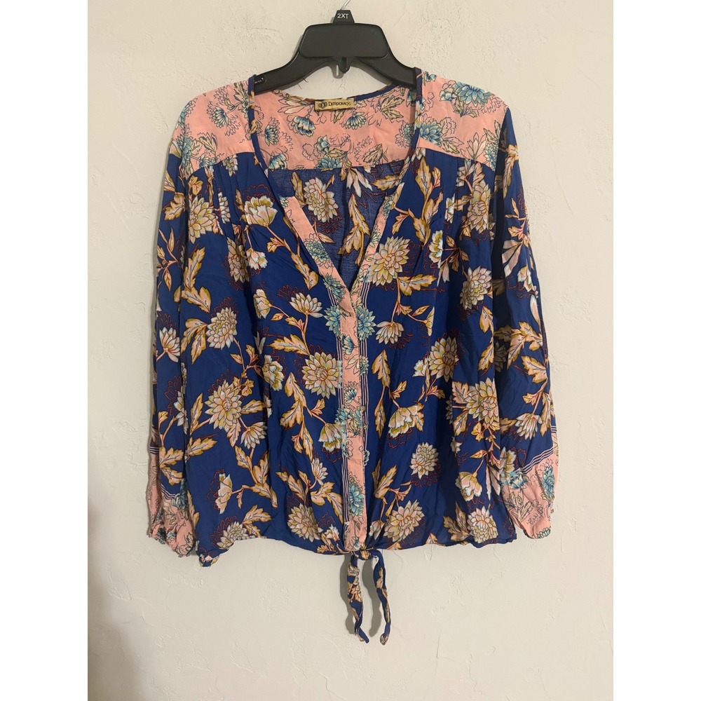 Democracy Blue Floral Tie Front Rayon Blouse XL B0850X78E Boho V-Neck Top